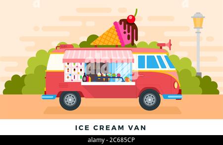 Ice cream van on urban street or in park. Vector flat illustrations. Ice cream truck. Side view. Stock Vector