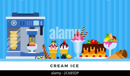 Cream ice. Vector flat illustrations. Machine for ice-cream wafer cone. Stock Vector