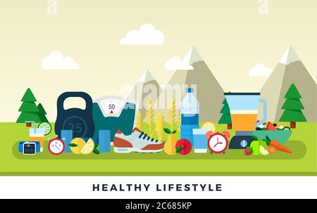 Healthy lifestyle vector flat illustration. Sport, fitness and useful food. Stock Vector