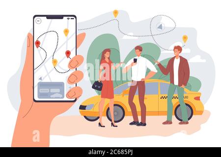 People rent taxi cab using car sharing mobile app Stock Vector