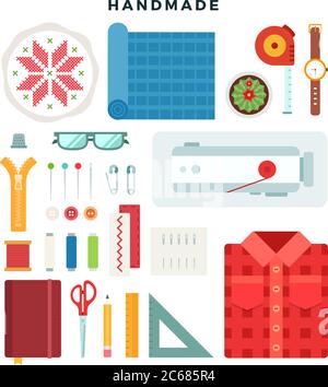 Handmade concept illustration. Tools and materials sewing and needlework. Do it yourself, sewing tools. Traditional women's hobbies, needlework. Vecto Stock Vector