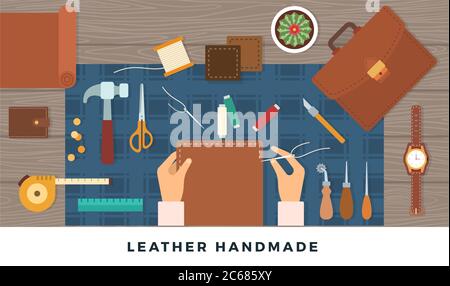 Workplace for handmade leather goods. Vector flat illustration. Table with tools and repairman hands Stock Vector