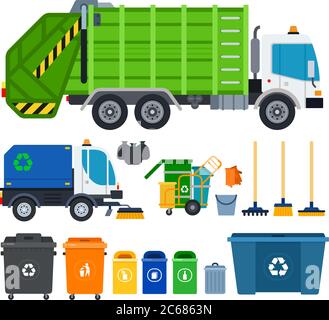 Set of Garbage truck icons flat vector Stock Vector
