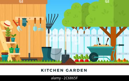 Colorful vector flat illustration of kitchen garden. Tools for gardening. Stock Vector