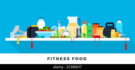 Fitness food concept healthy lifestyle. Vector flat illustrations. Healthy and athletic lifestyle. Stock Vector