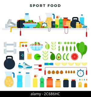 Set vector icons sport food in flat design. Concept healthy and athletic lifestyle. Stock Vector