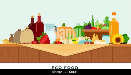 Set of eco food on the table vector flat illustration. Stock Vector