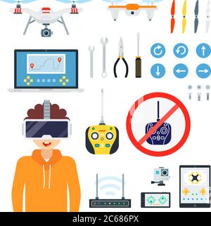 Set of Copter with VR flat vector illustration. Stock Vector