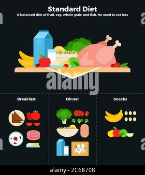Standard diet vector flat illustrations. A balanced diet of fruits, vegetables and fish. Recommendations for healthy nutrition. Stock Vector