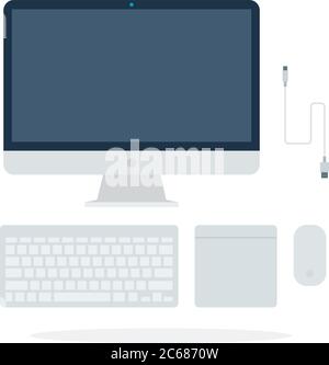 Computer monitor, keyboard, mouse and accessories Stock Vector