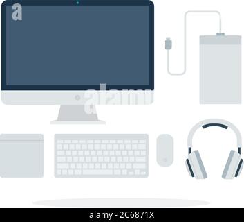 Monitor, computer keyboard, headphones and Power Bank Stock Vector