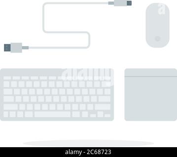 Computer keyboard, mouse pad, USB cable flat vector Stock Vector