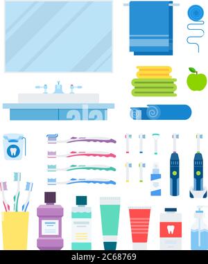 Set of Dental Prevention, Bath flat vector illustration. Stock Vector