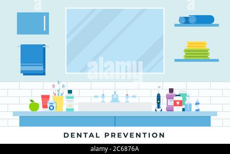 Dental prevention vector flat illustration. Oral care and hygiene products in bathroom. Stock Vector