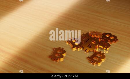 Pile of golden bitcoin signs on a table. Cryptocurrency investment concept. Digital 3D render. Stock Photo