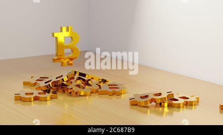 Pile of golden bitcoin signs on a table. Cryptocurrency investment concept. Digital 3D render. Stock Photo