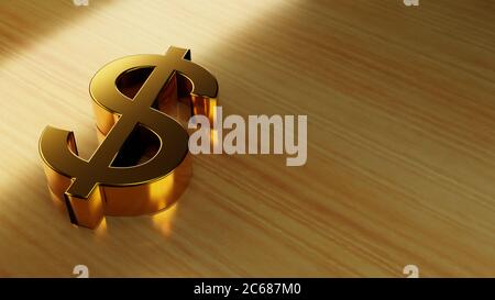 Golden dollar sign on a wooden surface. Digital 3D render. Stock Photo