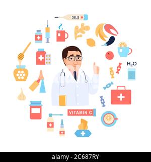 Flu treatment and prevention tips on white background. Circle medical concept with caucasian male doctor. Virus flu, cold cure, health protection icon Stock Vector