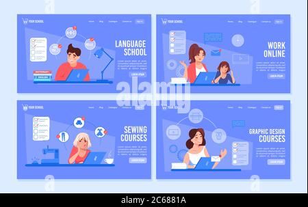 Online education courses remote work webpage set Stock Vector