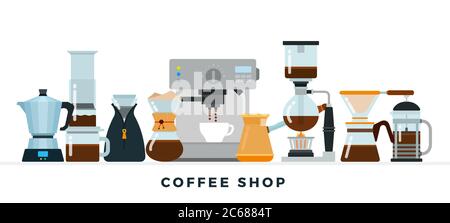 Coffee shop collection vector illustration in flat design. Different equipment for coffee preparing. Stock Vector