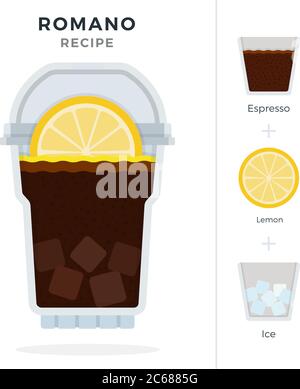 Romano Ice Coffee recipe in plastic cocktail glass with dome lid vector flat isolated Stock Vector
