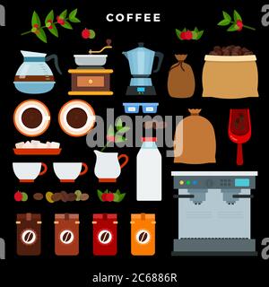 Coffee store flat style vector illustration on dark theme background. Stock Vector
