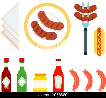 Grilled sausages with sauce vector flat material design isolated object on white background. Stock Vector