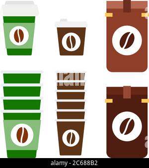 Packaged coffee and paper cups vector flat material design isolated object on white background. Stock Vector