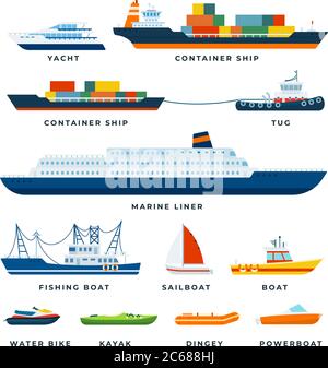 Set of Boats, Ship, Yacht, Sail flat vector illustration. Stock Vector