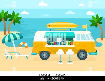 Food truck on the beach vector flat illustration. Stock Vector
