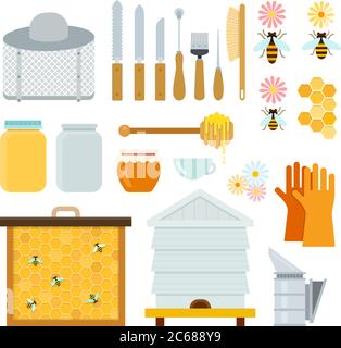 Equipment beekeeper and honeycomb vector flat material design set. Face shield, honey spoon, honeycomb, smoker, hive isolated on white. Stock Vector