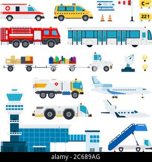 Airport transportation vector flat material design set. Fire engine, ambulance, ladder, passenger bus, automotive fuel, baggage car, tower control Stock Vector