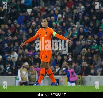 16 November 2019. UEFA Euro 2020 Qualifier at National Football Stadium at Windsor Park, Belfast. Northern Ireland 0 Netherlands 0. Netherlands international football player Virgil van Dijk in action for the Netherlands. Stock Photo