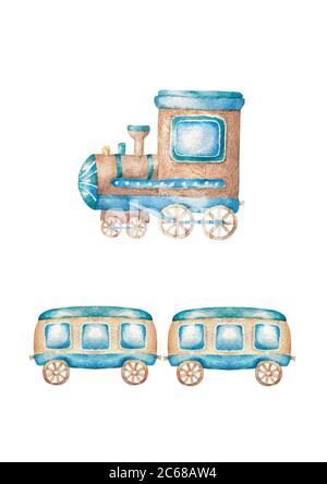 Cartoon toy train hand drawn watercolor isolated illustration on white background Stock Photo
