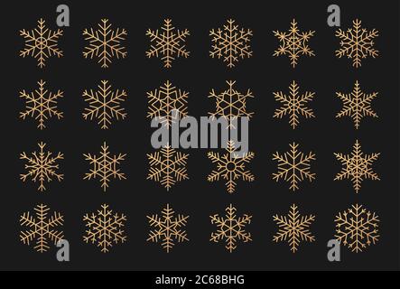Elegant silhouettes of gold snowflakes icon set. Decorative elements for banner Merry Christmas and Happy New Year. Trendy different shapes of snow, golden gradient. Isolated vector illustration Stock Vector