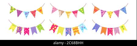 Flag garland bunting party set. Colorful buntings pennants for celebration, festival. Birthday hanging flags party, cartoon flat collection. Decoration holiday surprise. Isolated vector illustration Stock Vector