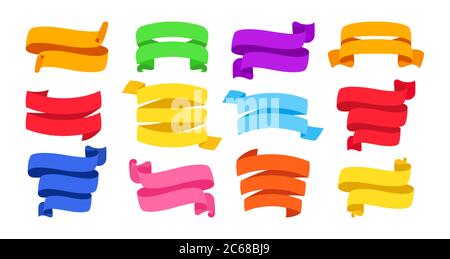 Banners ribbon set. Decorative icons, tape blank flat collection. Modern design, colored ribbons sign cartoon style. Web icon kit of text banner. Isolated vector illustration Stock Vector