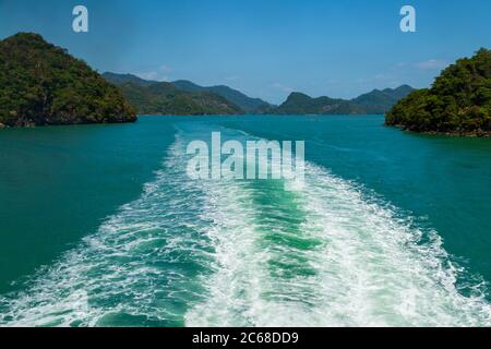 Langkawi, officially known as Langkawi, the Jewel of Kedah, is a district and an archipelago of 99 islands in the Andaman Sea some 30 km off the mainl Stock Photo