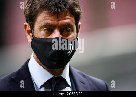 MILAN, ITALY - July 07, 2020: Andrea Agnelli, president of Juventus FC, looks on prior to the Serie A football match between AC Milan and Juventus FC. (Photo by Nicolò Campo/Sipa USA) Stock Photo