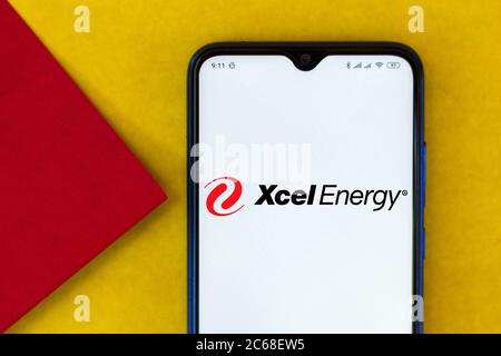 In this photo illustration the Xcel Energy logo seen displayed on a smartphone. Stock Photo