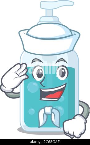 Smiley sailor cartoon character of hand sanitizer wearing white hat and tie Stock Vector