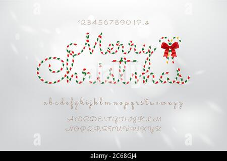 Christmas theme canday cane pattern alphabet font set with numbers uppercase and lowercase on white gray background Stock Vector