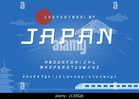 Alphabet font set with  numbers on colorful blue unique Japan theme background Stock Vector