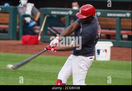 St. Louis, United States. 07th July, 2020. St. Louis Cardinals Dexter Fowler connects during Summer Camp practice at Busch Stadium in St. Louis on Tuesday, July 7, 2020. Photo by Bill Greenblatt/UPI Credit: UPI/Alamy Live News Stock Photo