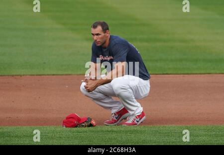St. Louis, United States. 07th July, 2020. St. Louis Cardinals Paul Goldschmidt takes a break during Summer Camp practice at Busch Stadium in St. Louis on Tuesday, July 7, 2020. Photo by Bill Greenblatt/UPI Credit: UPI/Alamy Live News Stock Photo