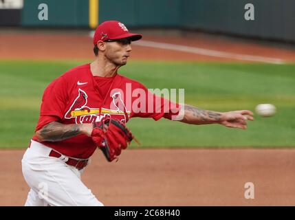 St. Louis, United States. 07th July, 2020. St. Louis Cardinals pitcher Brett Cecil throws batting practice at Summer Camp at Busch Stadium in St. Louis on Tuesday, July 7, 2020. Photo by Bill Greenblatt/UPI Credit: UPI/Alamy Live News Stock Photo