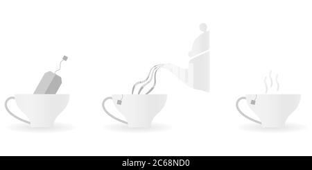 Tea bag brewing instructions showing how to prepare tea Stock Vector