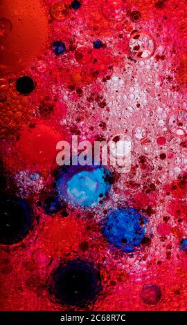 Oil bubbles in water. Black, red and blue colors. Stock Photo