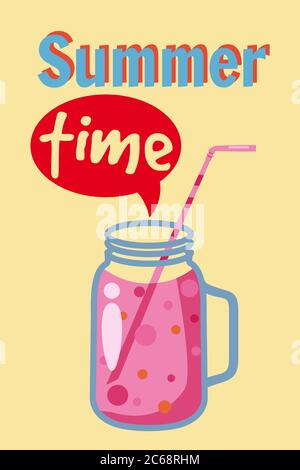 Summer time template jar with smoothie in bright colors, vector, isolated Stock Vector