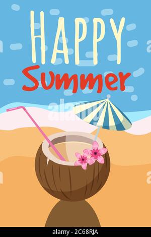 Happy summer aloha tropical coconut cocktail with colorful straws and umbrella on jungle leaves. Stock Vector